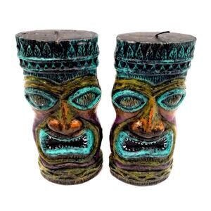 Tiki Head Candle Set Hand-Painted Tribal Design 6" Set Of 2